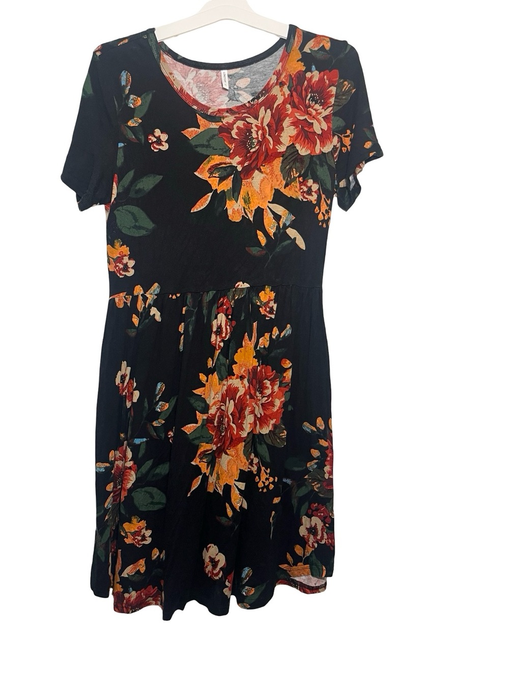 Black Floral Short-Sleeve Fit-and-Flare Dress - Vibrant Floral